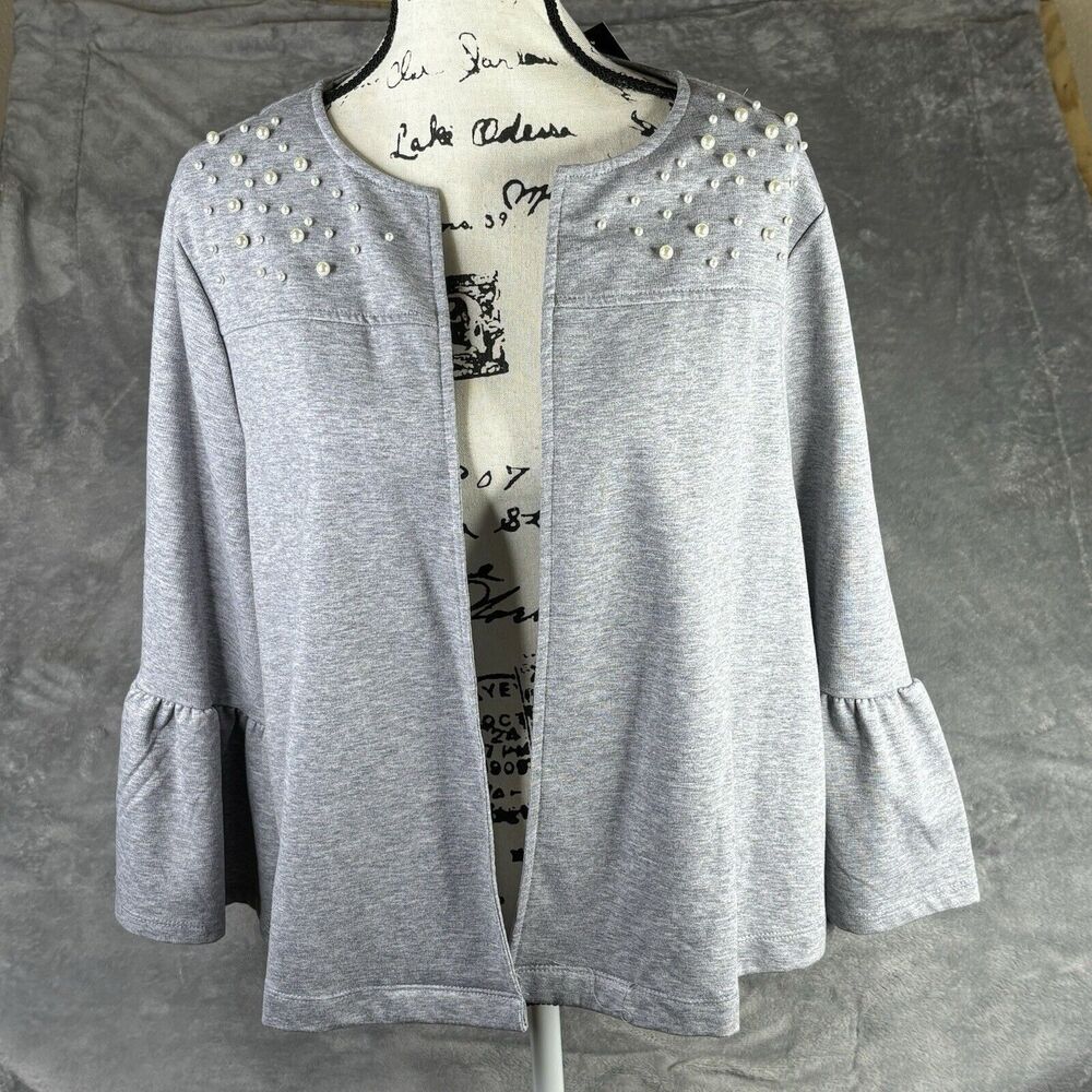 Lane Bryant Cardigan Women XL 14/16 Gray Pearl Accent‎ Open Bell Sleeve New $62